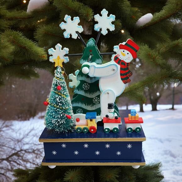 Wooden Christmas Snowman Windup Music Box Rotating Snowflakes Vintage - Picture 7 of 7